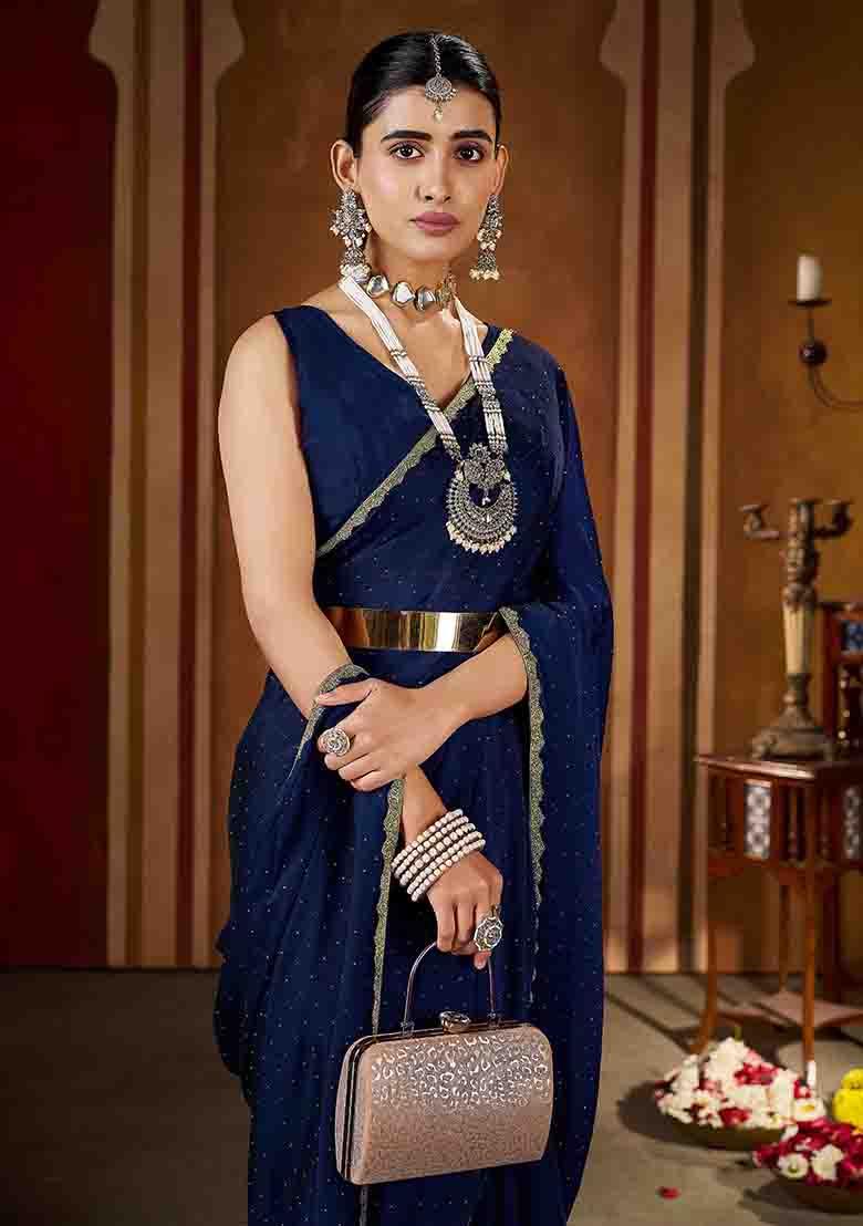 Navy Blue Solid Silk Saree Set - Indya