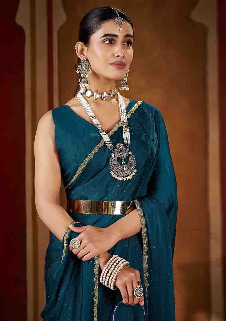 Green Solid Silk Saree Set - Indya