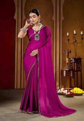 Pink Solid Silk Saree Set