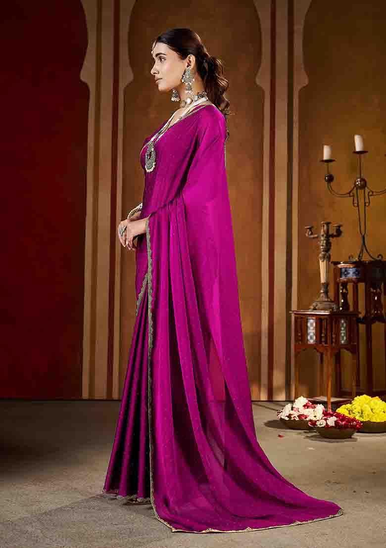 Pink Solid Silk Saree Set - Indya