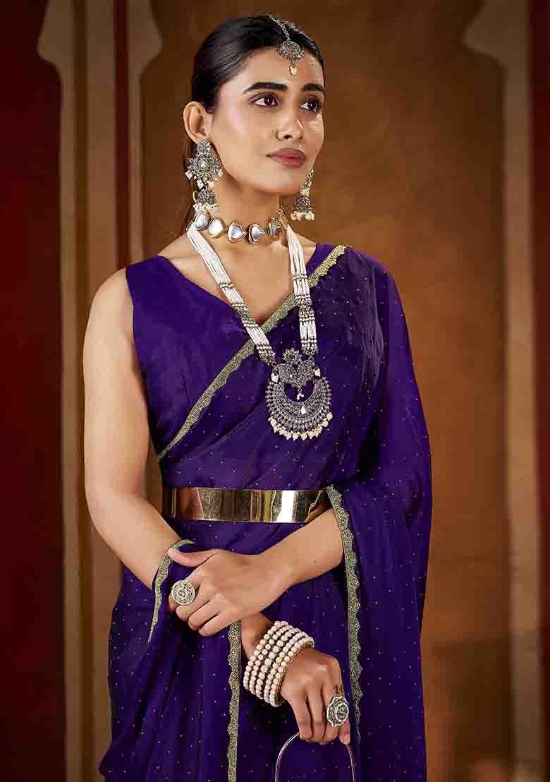 Violet Solid Silk Saree Set - Indya