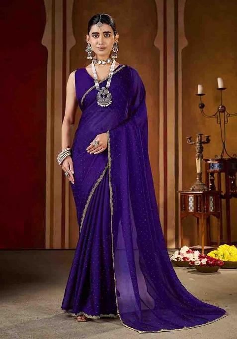 Violet Solid Silk Saree Set
