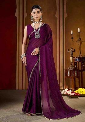 Violet Solid Silk Saree Set
