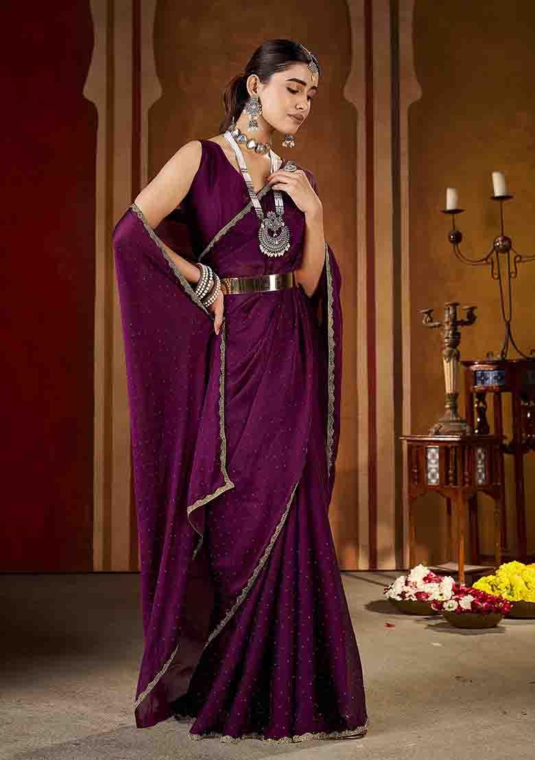 Violet Solid Silk Saree Set - Indya