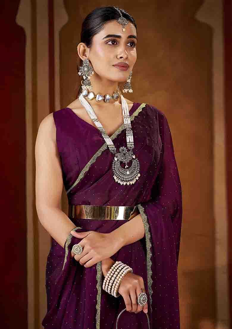 Violet Solid Silk Saree Set - Indya