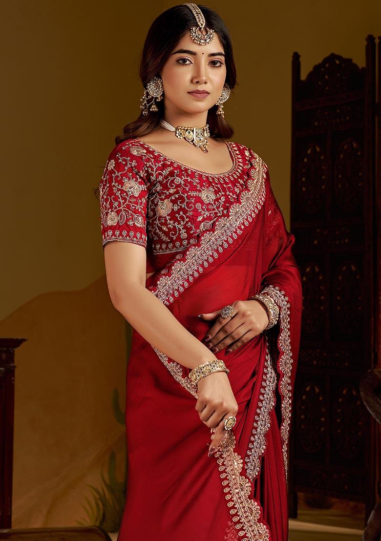 Maroon Solid Silk Saree Set - Indya