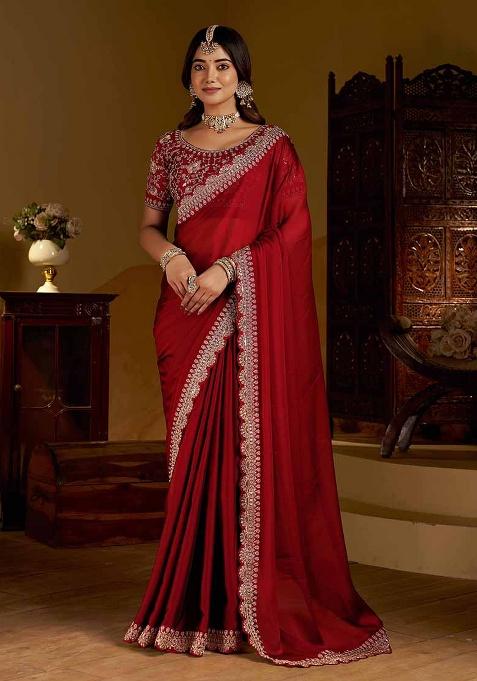Maroon Solid Silk Saree Set