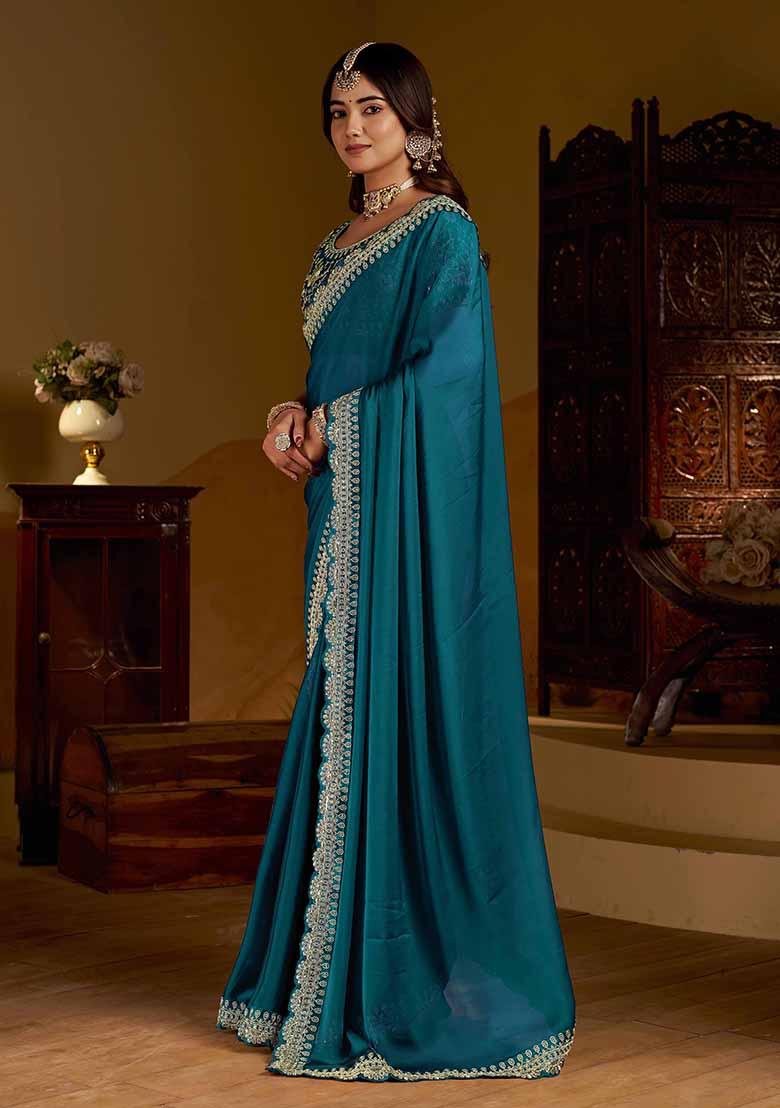 Green Solid Silk Saree Set - Indya