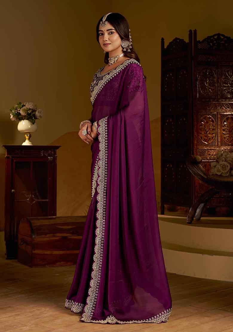 Violet Solid Silk Saree Set - Indya