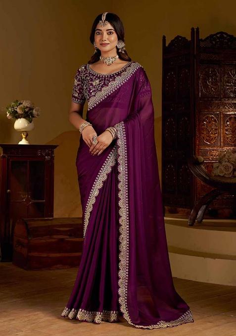 Violet Solid Silk Saree Set