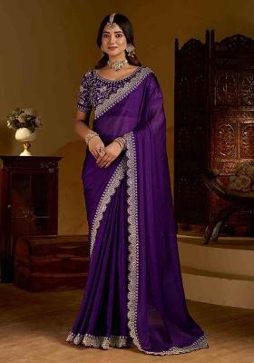 Violet Solid Silk Saree Set