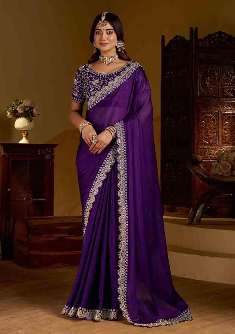 Violet Solid Silk Saree Set - Indya