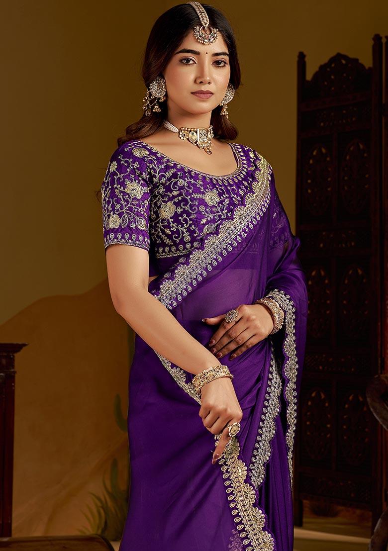 Violet Solid Silk Saree Set - Indya