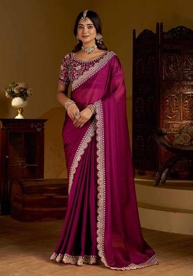 Pink Solid Silk Saree Set