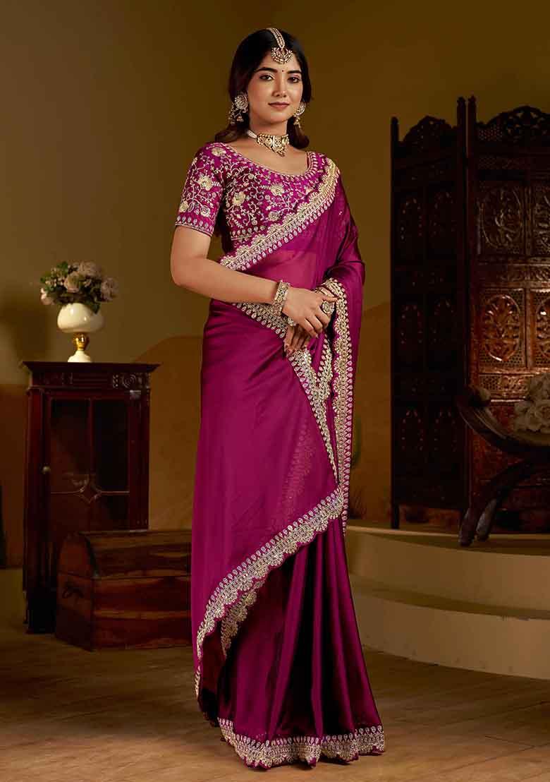 Pink Solid Silk Saree Set - Indya