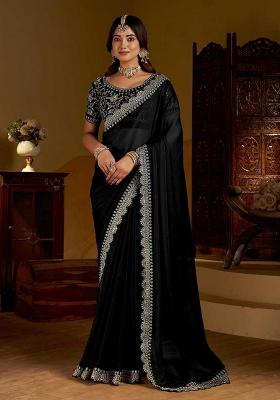 Black Solid Silk Saree Set