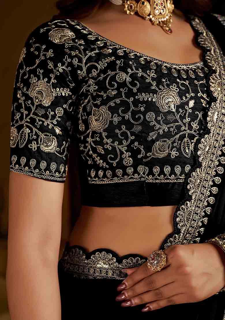 Black Solid Silk Saree Set - Indya