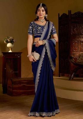 Navy Blue Solid Silk Saree Set