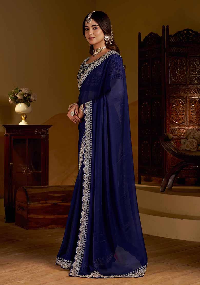 Navy Blue Solid Silk Saree Set - Indya