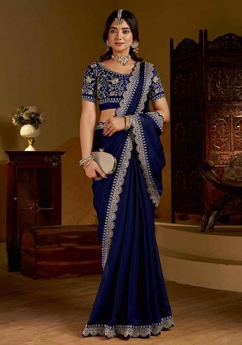 Navy Blue Solid Silk Saree Set