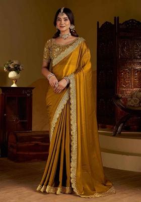 Gold Solid Silk Saree Set