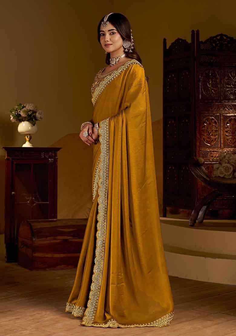 Gold Solid Silk Saree Set - Indya