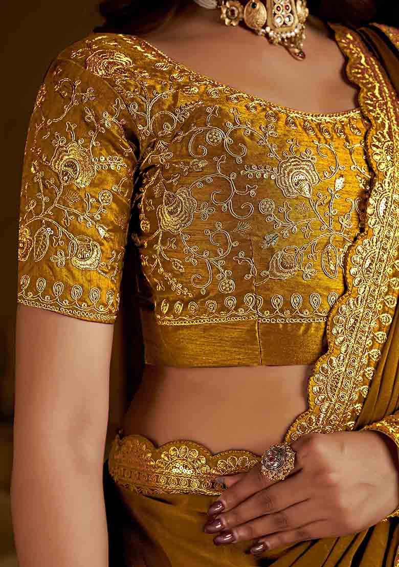 Gold Solid Silk Saree Set - Indya