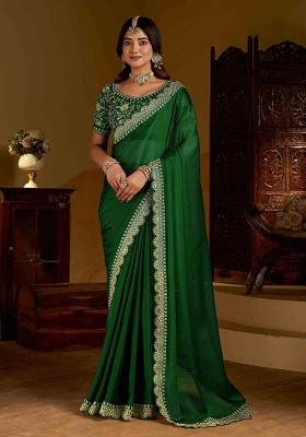Green Solid Silk Saree Set