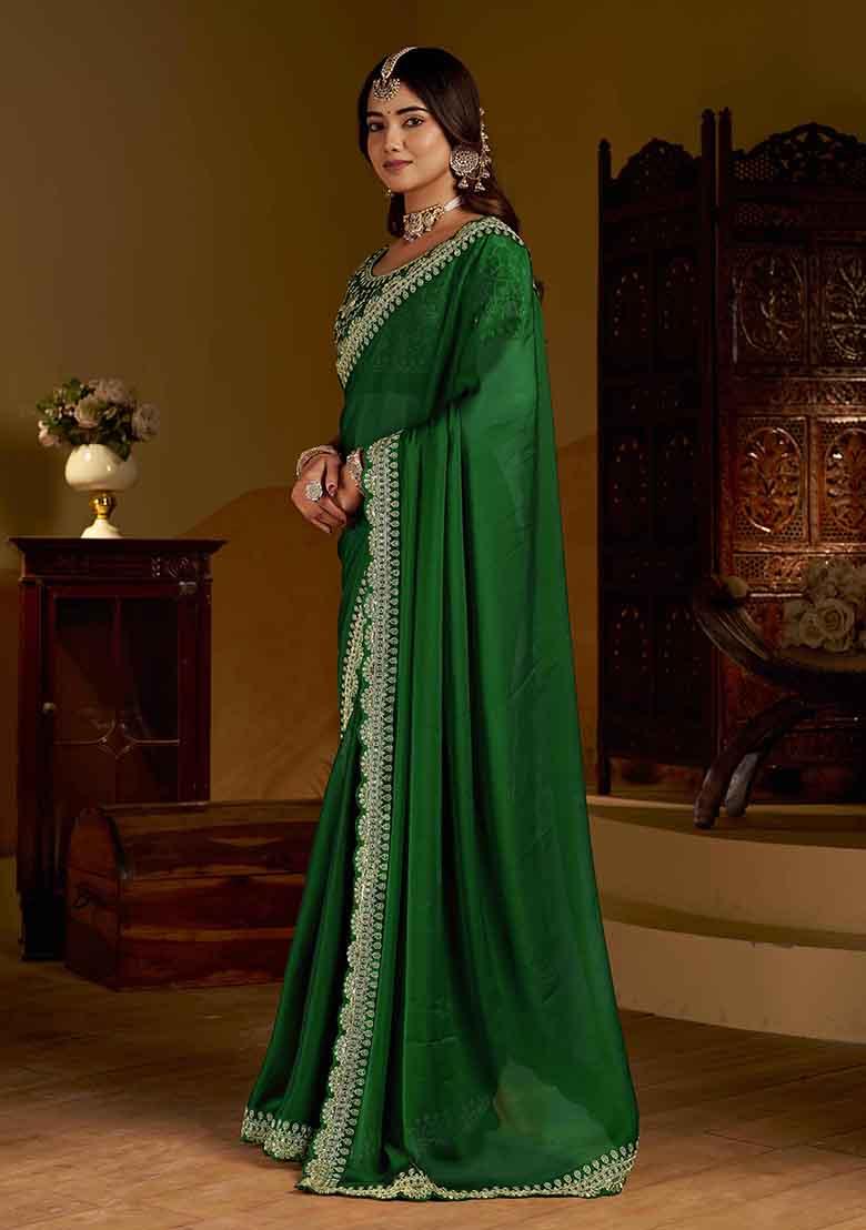 Green Solid Silk Saree Set - Indya