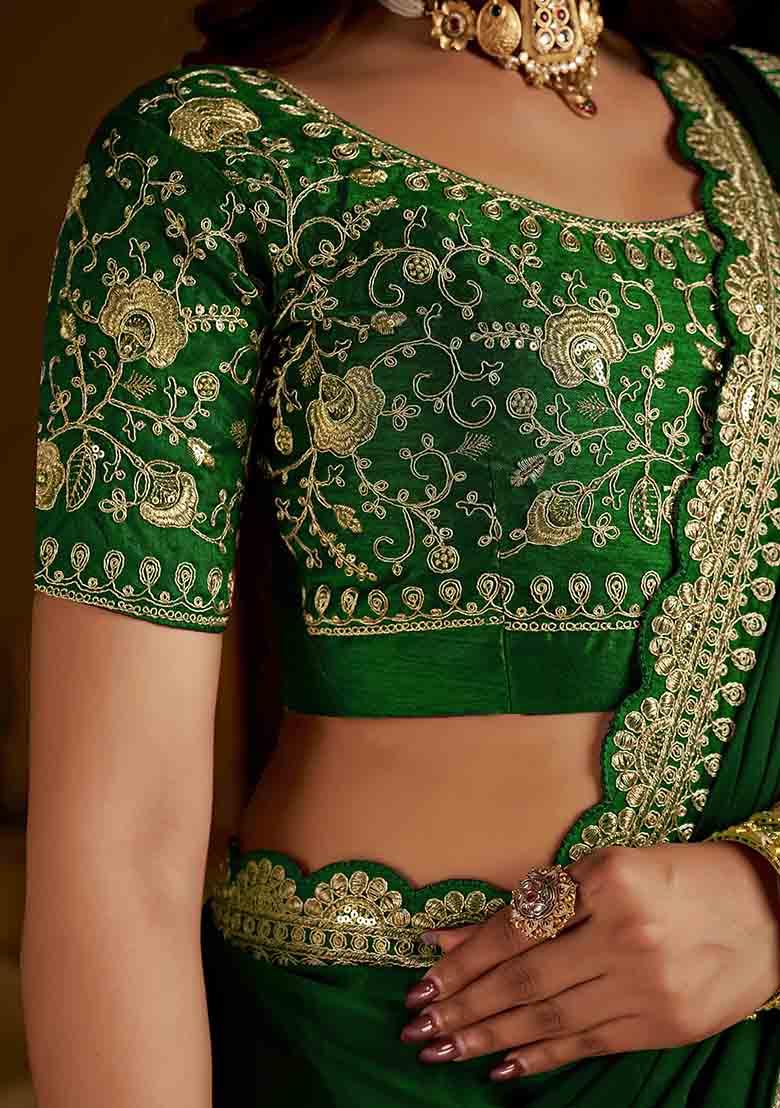 Green Solid Silk Saree Set - Indya