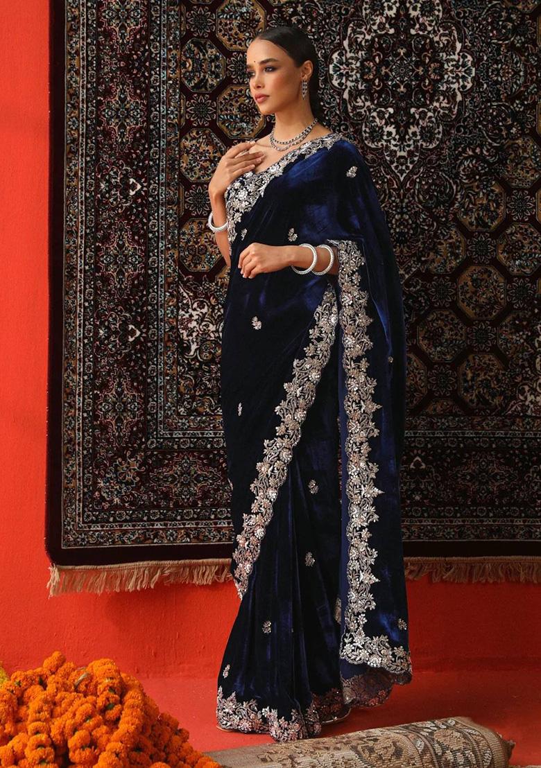 Royal Blue Embroidered Velvet Saree Set - Indya