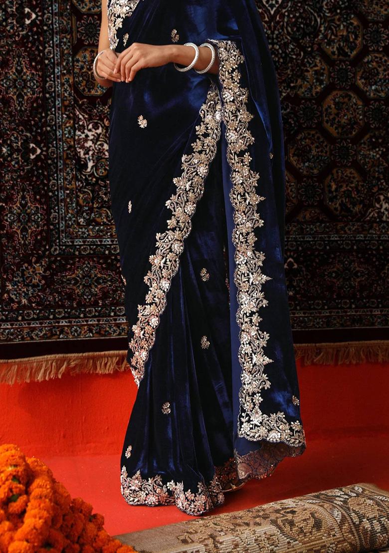 Royal Blue Embroidered Velvet Saree Set - Indya