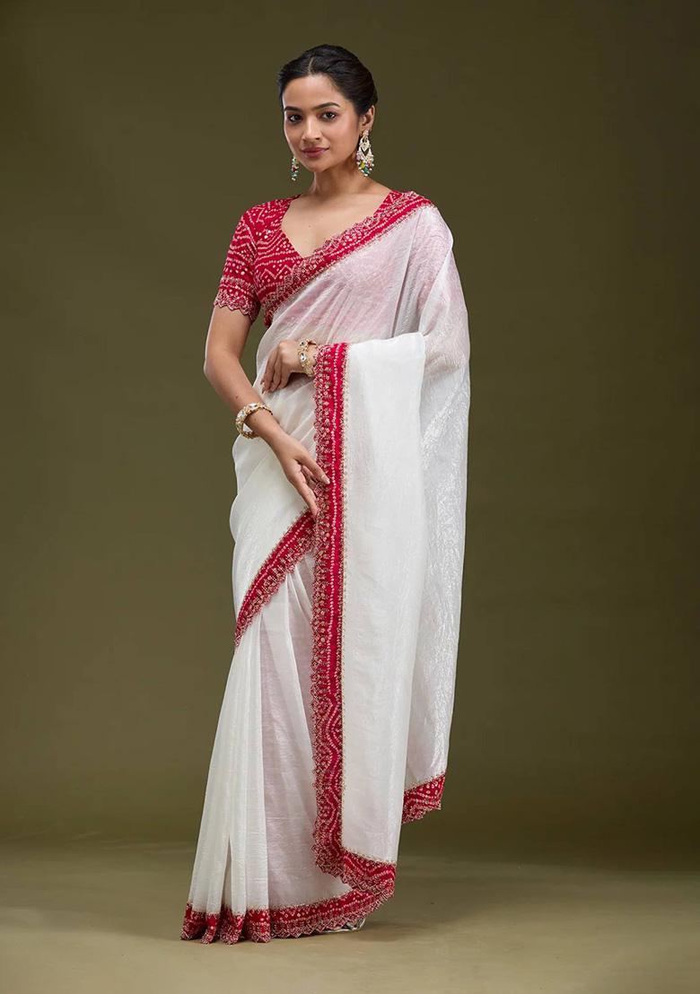 White Embroidered Gold Crush Saree Set - Indya