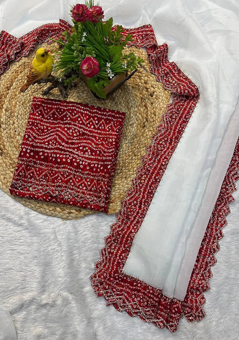 White Embroidered Gold Crush Saree Set - Indya