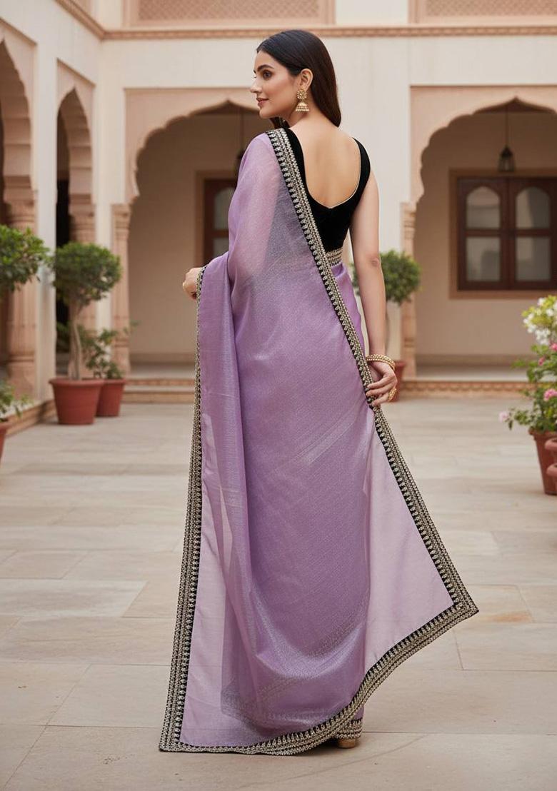 Wine Embroidered Net Saree Set - Indya