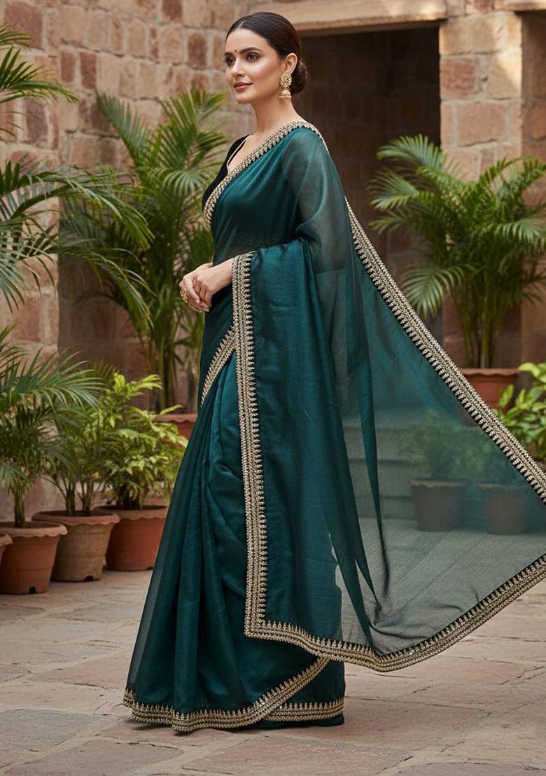 Petrol Embroidered Net Saree Set - Indya