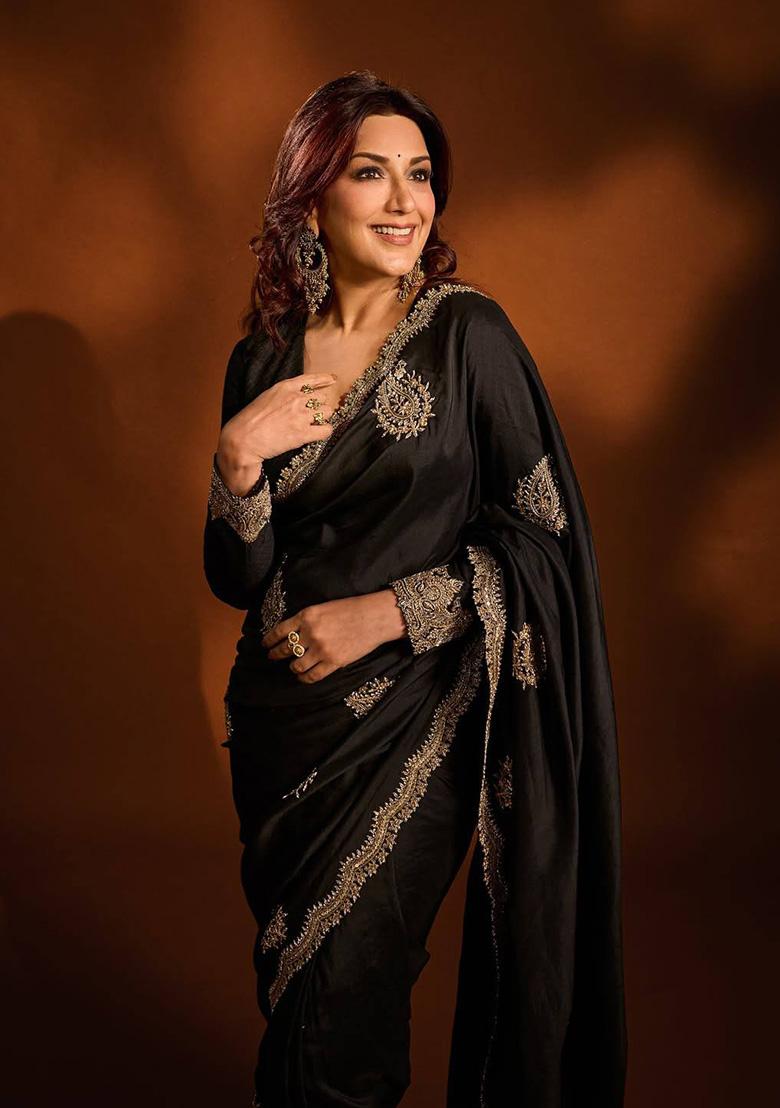 Black Embroidered Silk Saree Set - Indya