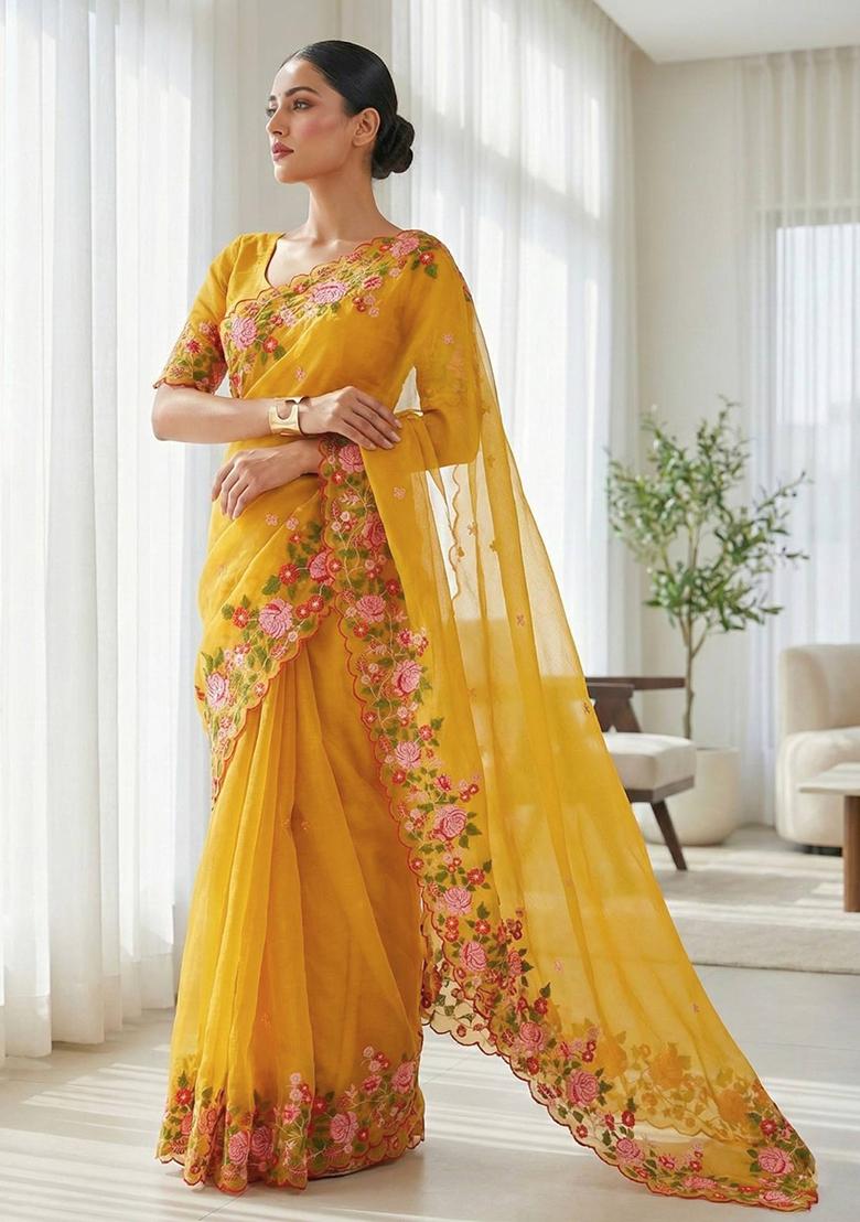 Yellow Embroidered Candy Crush Saree Set - Indya