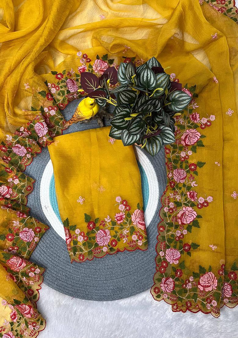 Yellow Embroidered Candy Crush Saree Set - Indya