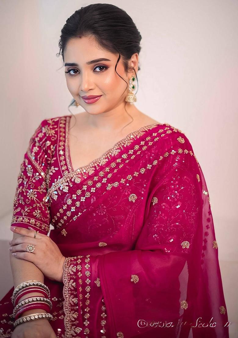 Maroon Embroidered Silk Saree Set - Indya