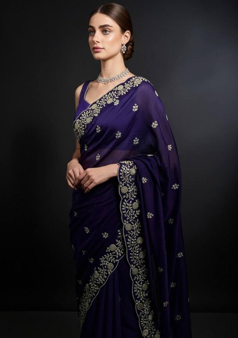 Blue Embroidered Silk Saree Set - Indya
