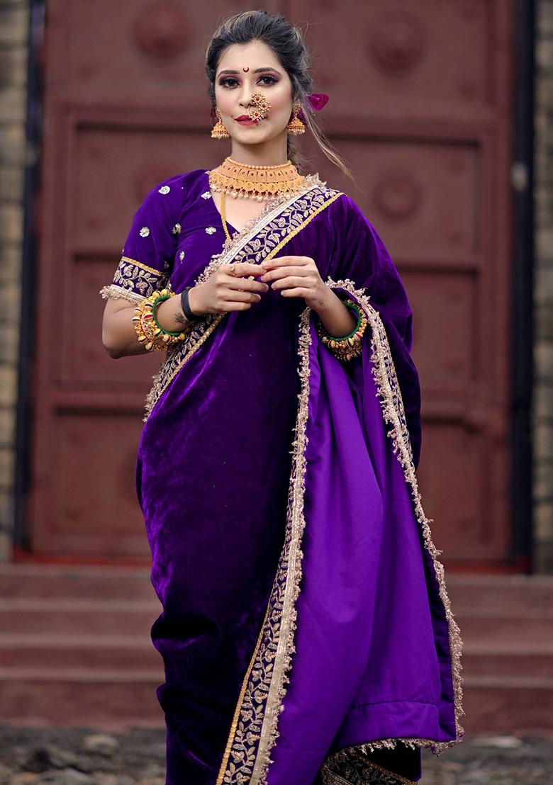 Blue Embroidered Velvet Saree Set - Indya