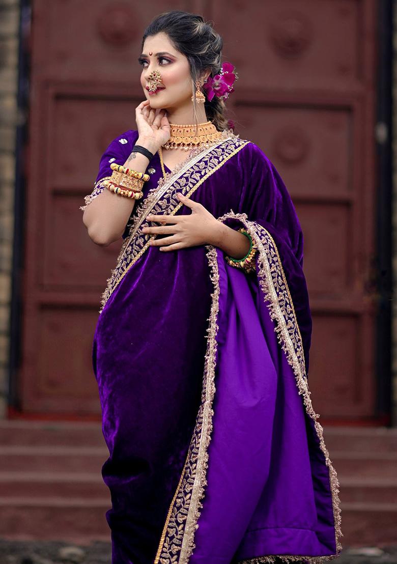 Blue Embroidered Velvet Saree Set - Indya