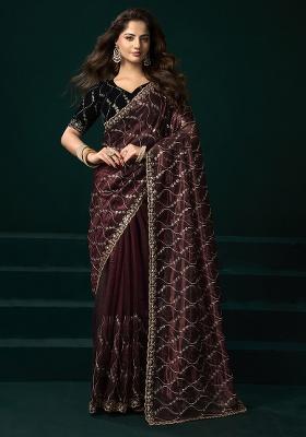 Maroon Embroidered Net Saree Set