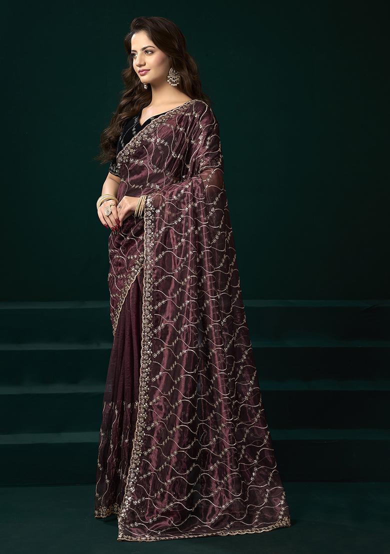 Maroon Embroidered Net Saree Set - Indya