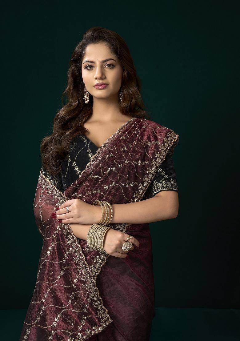 Maroon Embroidered Net Saree Set - Indya