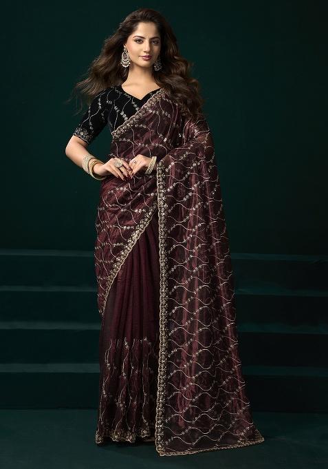 Maroon Embroidered Net Saree Set