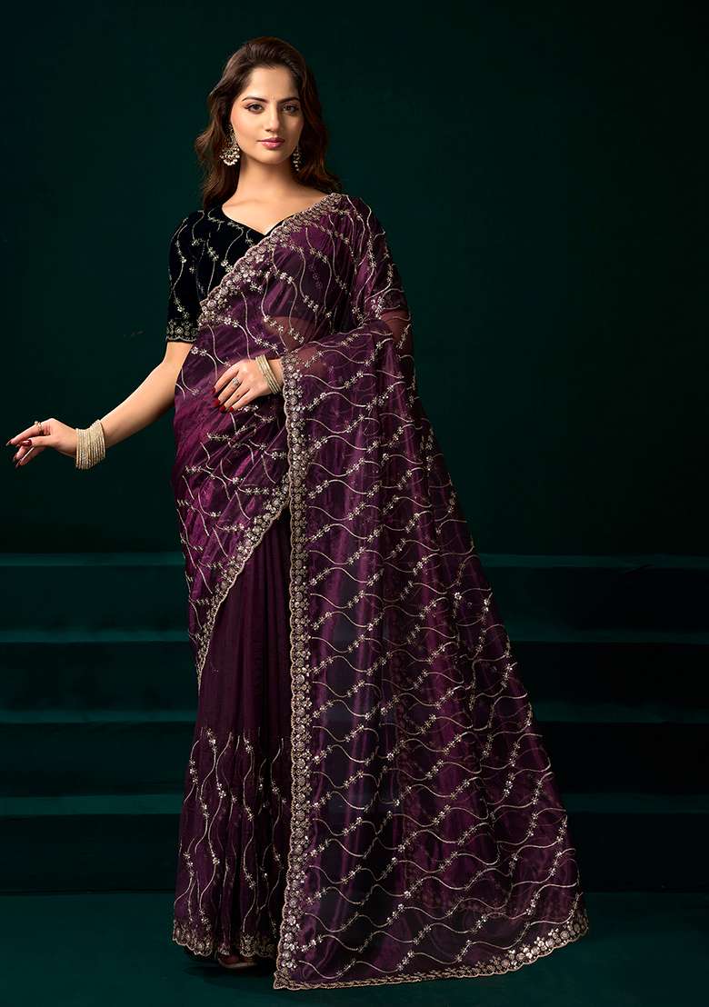 Wine Embroidered Net Saree Set - Indya