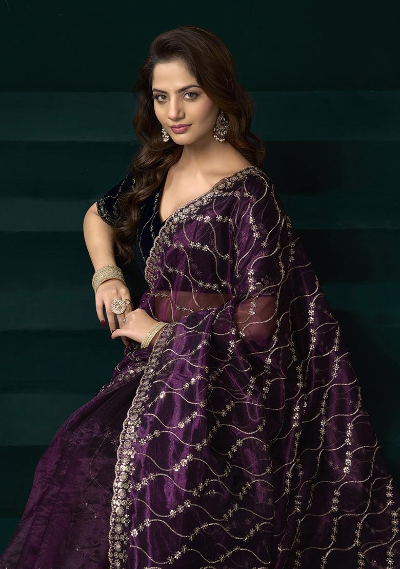 Wine Embroidered Net Saree Set - Indya