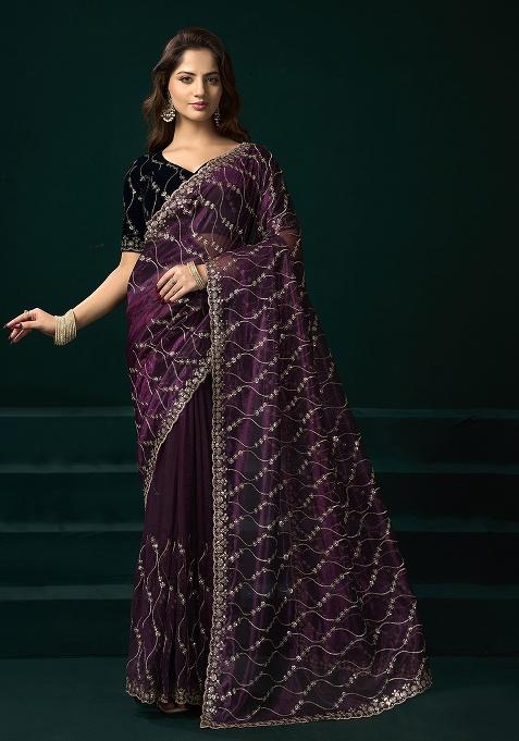 Wine Embroidered Net Saree Set